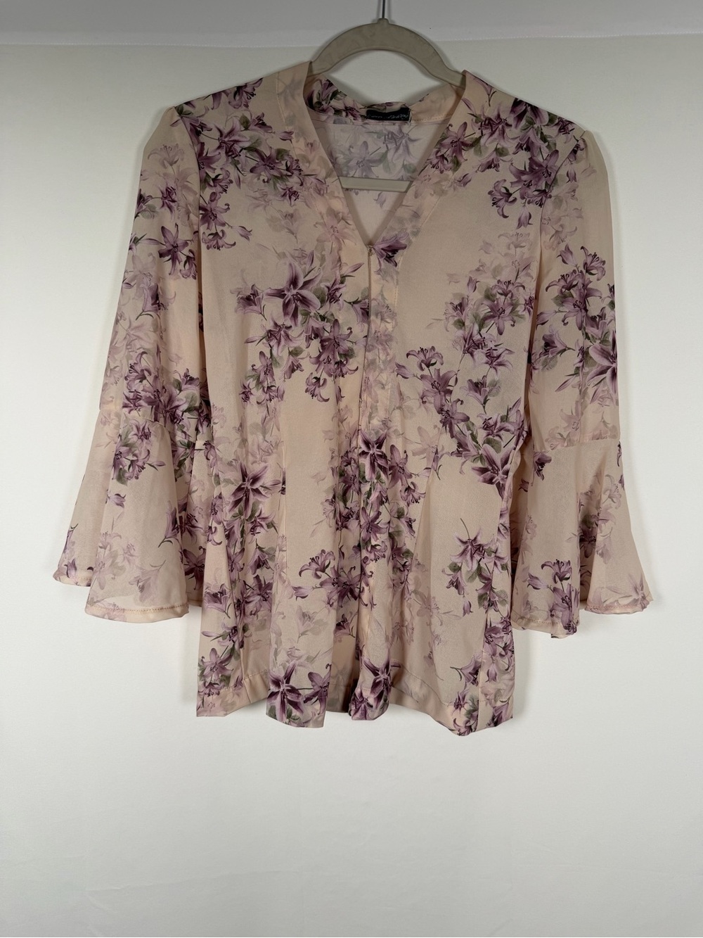 Vintage Semi Sheer Fairy Floral V-Neck Bell Sleeve Blouse - Beige/Purple